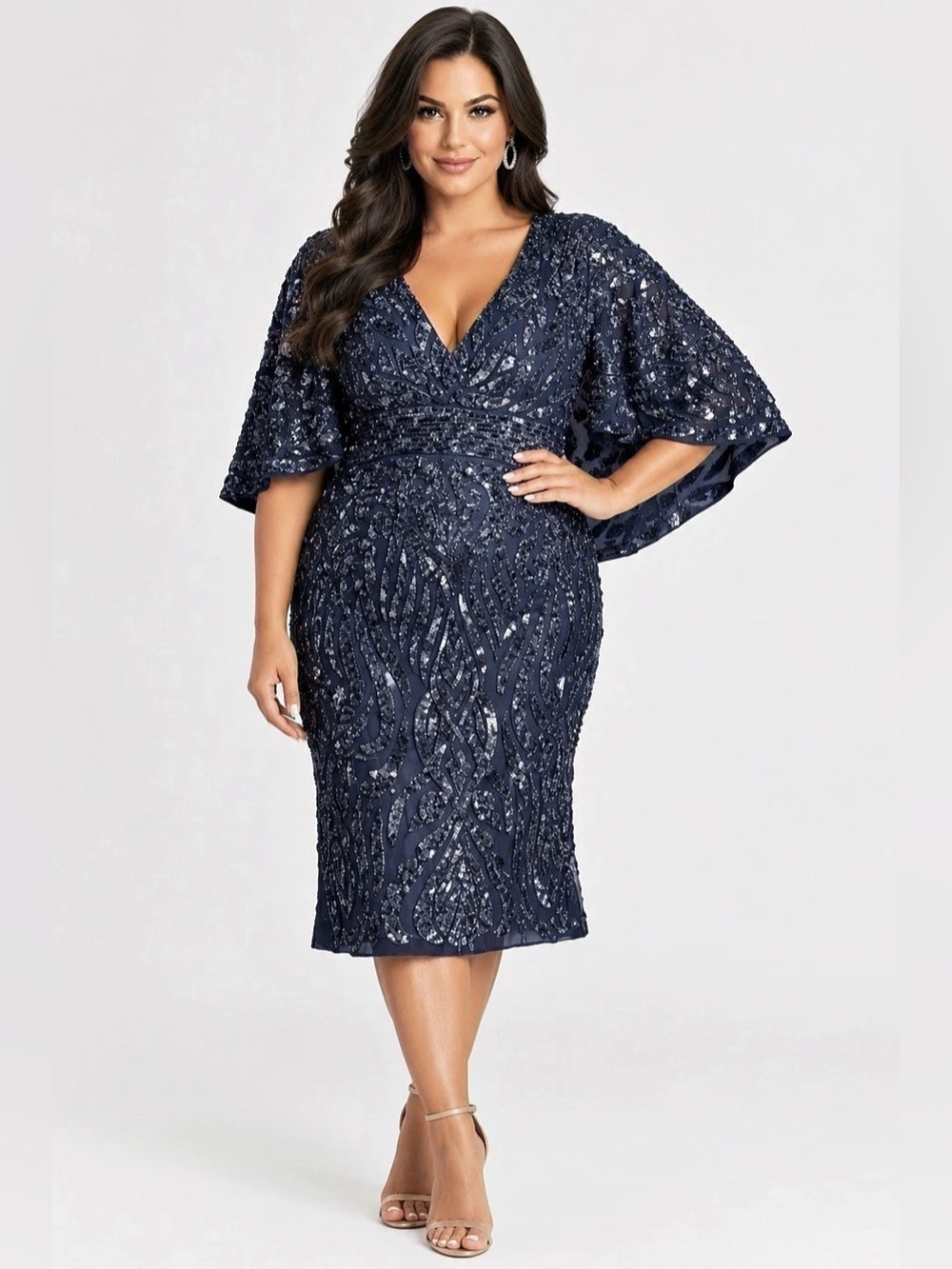 Mac Duggal Embellished Cape Sleeve Cocktail Dress Blue Midi Dress